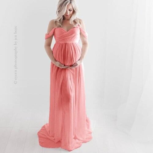 Shoulderless Maternity Dress For Photography Sexy Front Split Pregnancy Dresses For Photo Shooting Pink Pregnancy Maxi Dress