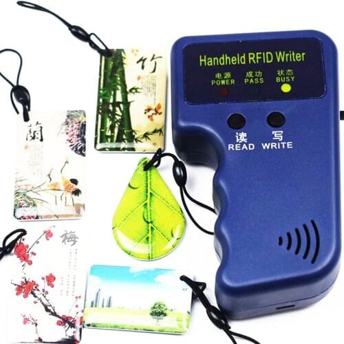 Handheld 125KHz RFID Duplicator Copier Writer Programmer Reader 5pcs EM4305 T5577 Rewritable ID Keyfobs Tags Card