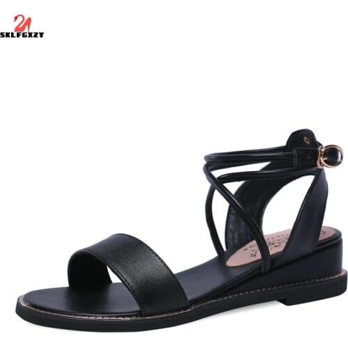 SKLFGXZY Summer New Arrival Black White Women Sandals Fashion Genuine Leather Womens Shoes Buckles Cowhide Fashion Sandals