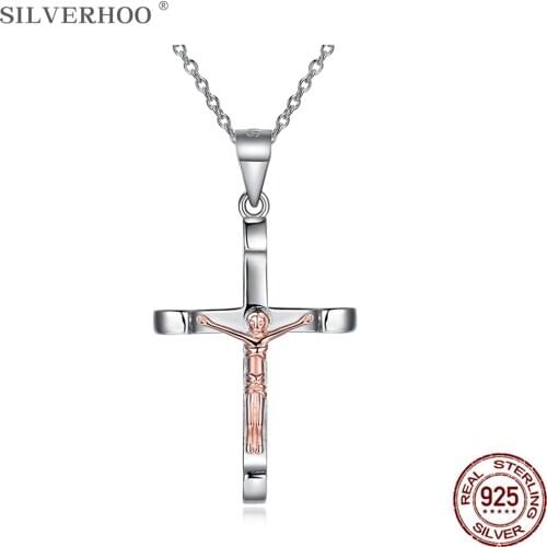 SLVERHOO 925 Sterling Silver Pendant Necklace Fashion Jesus Cross Pendant Boutique Christ Pendant Necklace Jewelry Gift Trend
