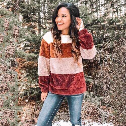 2020 Color Stitching Casual Autumn and Winter Wear Loose Warmth Soft Thin Womens Sweatshirt O-neck Long-sleeved Hoodi