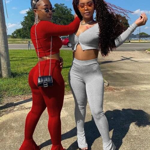 Streetwear Bodycon Two Piece Outfits for Women Matching Sets V-neck Crop Top Leggings Flare Pants Bell Bottom Casual Sweat Suits