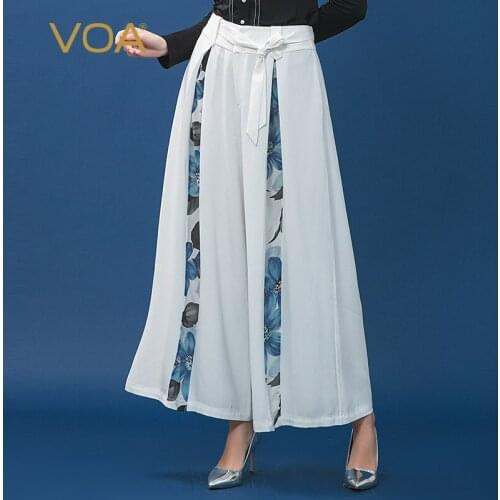 VOA new heavy silk tie with waist pleats stitching atmosphere elegant wide leg pants women K1007
