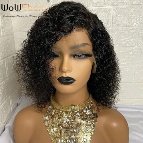 WoWEbony Kinky Curly Shory Human Hair Wigs Brazilian 13x1 T Part Bob Lace Front Wig High Quality PrePlucked Curly Lace Front Wig