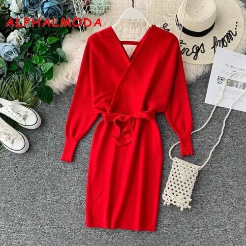 ALPHALMODA Bat-Sleeve V-neck Knitted Dress Female Autumn and Winter 2019 New Retro-vintage Slim Knit Vestidos