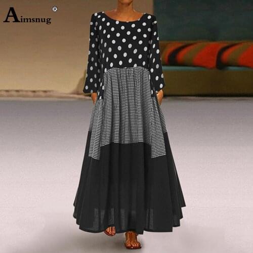 2021 Women Elegant Long Dress Patchwork Dot Long Sleeve Boho Linen Party Dresses Plus size 5xl Ladies Vintage A-line Maxi Dress