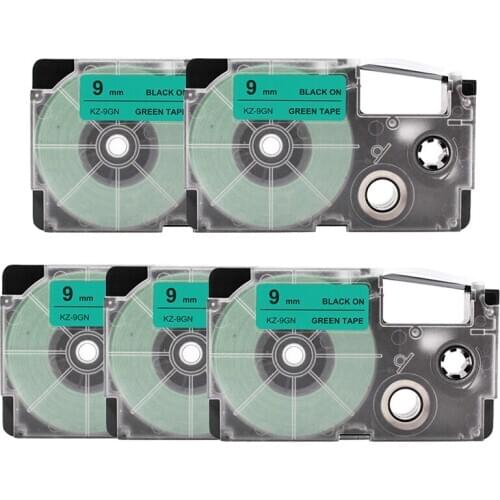 5Pcs ribbon cartidge compatible for casio label printer kl120 black on green 9mm label tape XR9GN XR 9GN for KL-60SR label maker