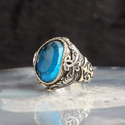 Crystal Cut Blue Topaz 925 Sterling Silver Men 'S Ring