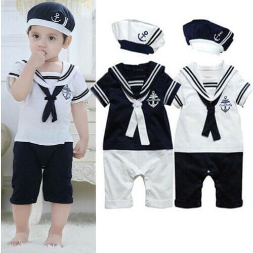 12-18months Toddler Baby Clothes Set Sailor Collar Baby Girls Rompers Short Sleeve One Piece Jumpsuits For Boys Clothes Hats Set