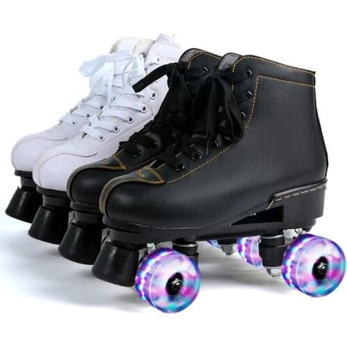 White Black Lether Double Row Roller Skates Shoes Flash PU 4-Wheel Woman Man Outdoor Patins Skating Shoes Size 35-45