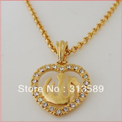 Min order 10$/CAN MIX DESIGN/- YELLOW GOLD OVERLAY FILL BRASS 20" NECKLACE&HEART MUSLIM ALLAH GOD CZ PENDANT /Great Money Maker