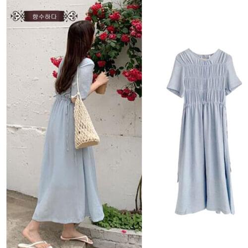 Summer Long Dresses Woman Short Sleeve Casual Preppy Korea Style Cute Sweet Blue Draped Ribbon Tie One Piece Dress Vintage