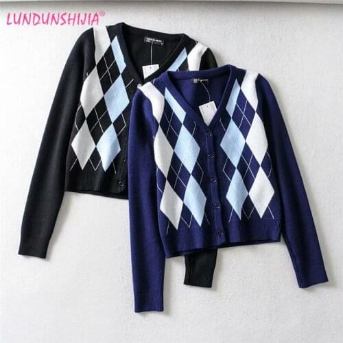 LUNDUNSHIJIA 2020 Spring Autumn Womens Cardigans Casual Long-sleeve Single-breasted Basic Diamond Plaid Knitted Crop Tops