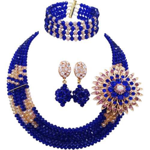 Fashion Royal Blue Gold AB Crystal Beaded Multi Strands Necklace Nigerian Wedding African Beads Jewelry Set for Women 5C-YHK14