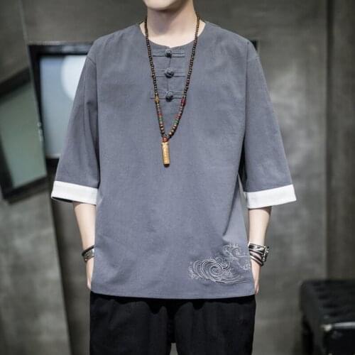 Summer Men Linen Shirt Chinese Style Retro Casual O-Neck Tops Plus Size Traditional Asian Clothes Tang Suit Tops For Man KK3455