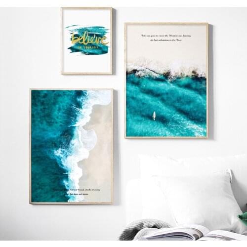 Blue Sea Beach Believe Quote Landscape Wall Art Canvas Painting Nordic Posters And Prints Wall Pictures For Living Room Decor
