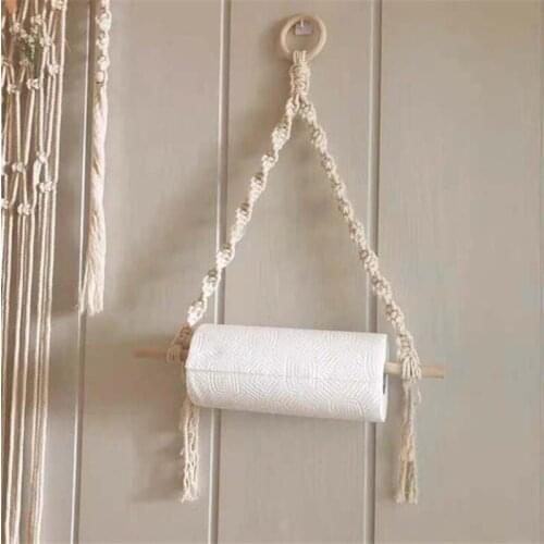 Wall Rope Hanging Wooden Rack Stick Hand-woven Macrame Tassel Storage Toilet Paper Holder Towel Hanger Bedroom Living Room Decor