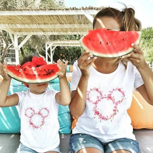 Pink Mickey Minnie Disney Cartoon Print Family T Shirt Summer Short Sleeve Mother Daughter Sister Ladybro Tshirts Family Look T