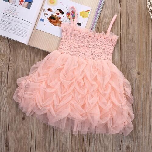 Pink Princess Girls Baby Kids Ruffled Dresses Strap Ball Gown Sundress Girl Tutu Party Bubble Dress Clothes 1-6Y