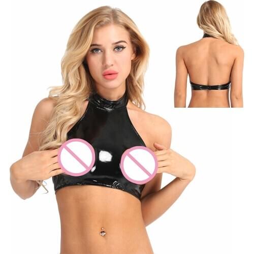 Sexy Tanks Top Women Sleeveless Wet Look Faux Leather Halter Neck Backless Open Bust Crop Tops Erotic Nipple Exposed Bra Top