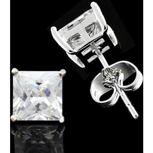 Drop Shipping white Gold GP Men Princess Square Clear CZ stone Stud Earring for Women 4-6-7-8-10mm for choose