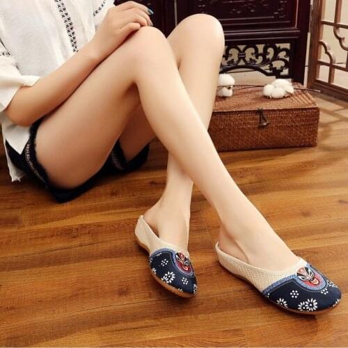 Vintage Women Linen Cotton Closed Toe Flat Slippers Summer Comfortable Mules for Ladies Chinese Style Fabric Shoes