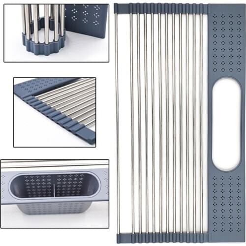 Roll-Up Sink Rack Foldable Stainless Steel Silicone Storage Drain Rack for Kitchen PAK55