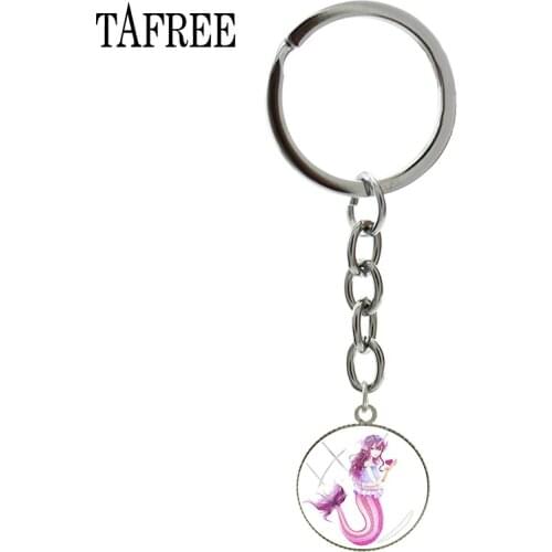 TAFREE Vintage Mermaid Elves Image Key Chains Art Pendant Key Ring Glass Cabochon Keychain Key Holder Women Jewelry Best Gifts