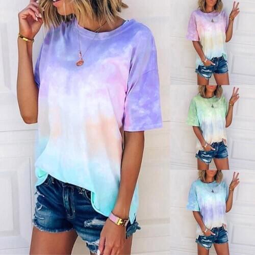 Women Fashion T-shirt O Neck Short Sleeve Gradient Color Tie Dye Loose Fashion Top Tees Female