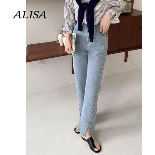 High Waist Jeans for Women Korean Streetwear Vintage Split Fork Straight Leg Pants Woman Casual Button Fly Long Pants Trousers