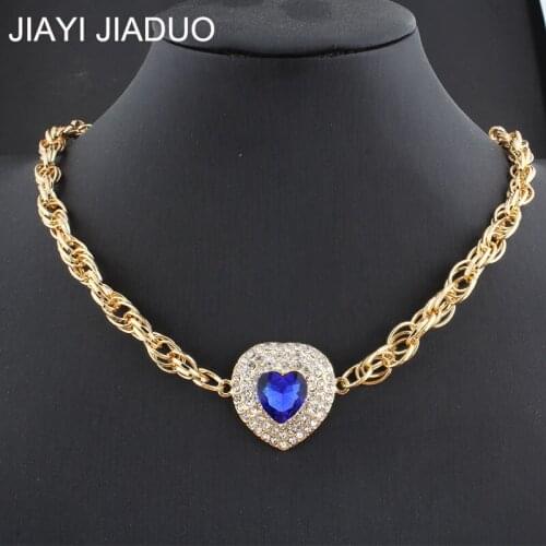 Womens Necklace DIY Bracelet Royal Blue Crystal Heart Pendant Necklace Chain Necklace Gold Color