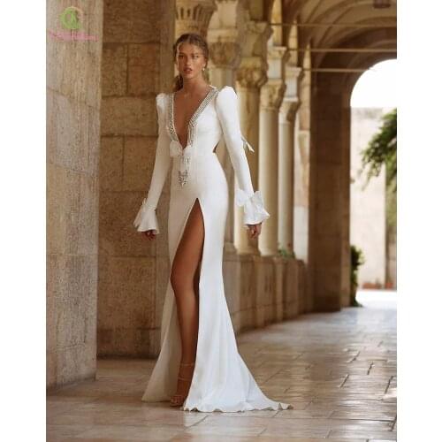 SSYFashion New Sexy White Mermaid Evening Dress Deep V-neck Sweep Train Long Sleeve Sequins with Bow Prom Formal Gowns for Women