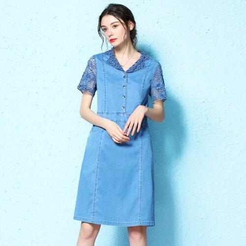 2020 Summer Lady dress middle-aged large size solid lace stitching denim dress summer NW20A6693