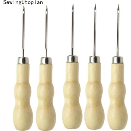 5PCS Canvas Leather Sewing Shoes Wood Handle Tool Awl Hand Stitching Taper Leathercraft Needle Tool Kit Craft Sewing Supplies