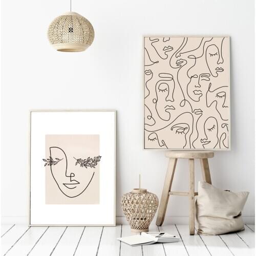Abstract Woman Face One Line Drawing Prints Leaf Plants Poster Minimalist Nordic Poster Canvas Painting Wall Art Picture Decor