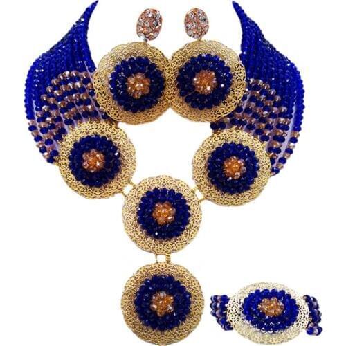 ACZUV Royal Blue Gold AB Nigerian Wedding Necklace Crystal Beaded African Beads Jewelry Set 10C-4PH005