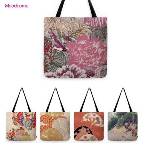 Pink Rose Red Bird Colorful Flower Japanese Design Art Water Resistant Linen Large Tote Bag Canvas Shoulder Bag Shopper