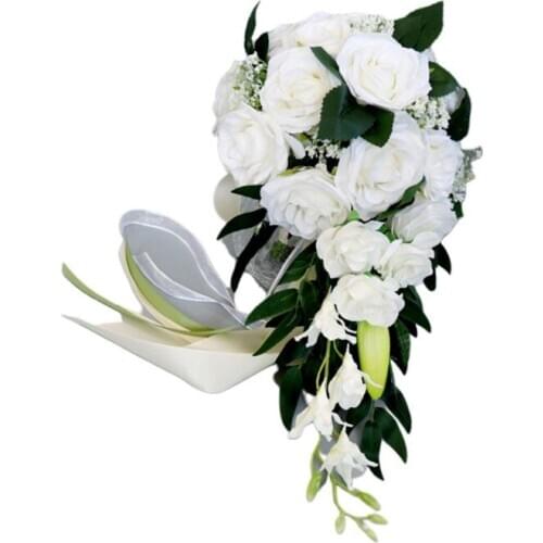 Romantic Wedding Bridal Waterfall Bouquet Artificial Rose Flowers with Ribbon U90E