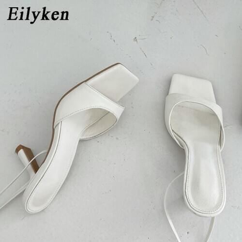 Eilyken Gladiator Women Ankle Strap Sandals 2021 Summer New Fashion White Square Toe Thin High Heels Lace-Up Ladies Party Shoes