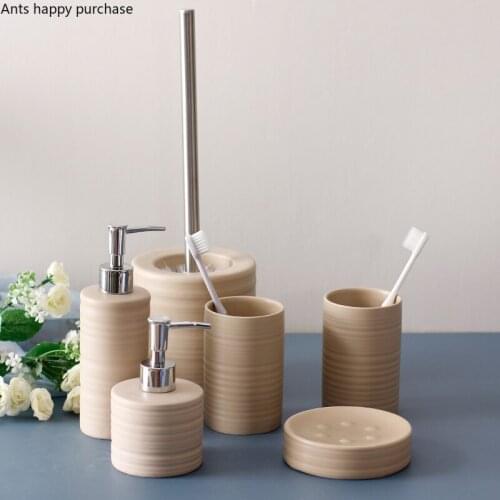 Khaki Bathroom Wash Set Bathroom 6 Piece Set Toiletries Decoration Accessories Mouth Cup Lotion Bottle Soap Dish Toilet Brush