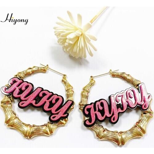 Customized Name Earrings Customiable Bamboo Hoop Earrings Personalized Custom Earring for Women Hipop Acrylic Letter Jewelry