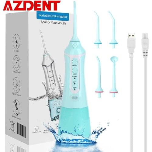 AZDENT Portable USB Recharge 3 Modes Dental Oral Irrigator Mint IPX8 Waterproof Oral Flosser 300ML Tank 5 Nozzles Tooth Cleaner
