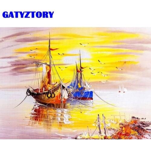 GATYZTORY Painting By Numbers Setting Sun Sailing Boat Drawing On Canvas Gift DIY Pictures By Number Paintings Art Home Decor