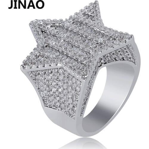 JINAO New Design Gold Color Five-pointed Star Ring Micro Paved Big Zircon Shiny Hip Hop Finger Ring for Men Women Gift