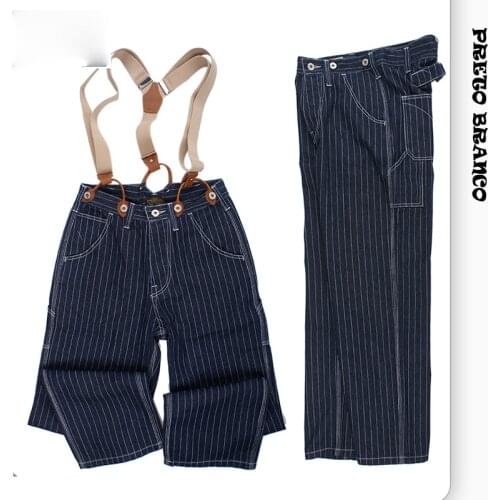 PRETO BRANCO Mens Wide-leg Striped Jeans Loose Railroad Overalls Ami Khaki Locomotive Overalls OQR