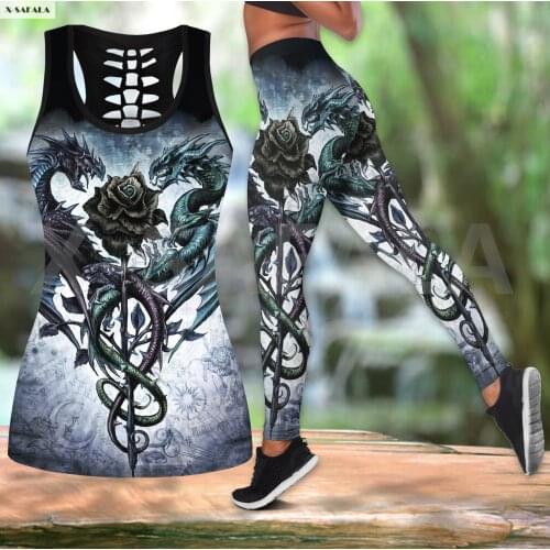 Double Dragon With Rose Two Piece Yoga Set Women 3D Print Vest Hollow Out Tank Top High Waist Legging Summer Casual Sport