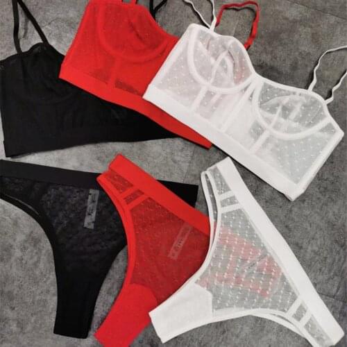 Honviey new sexy bra set lace ultra-thin perspective temptation bone clothes T-pants underwear set ladies underwear set vest