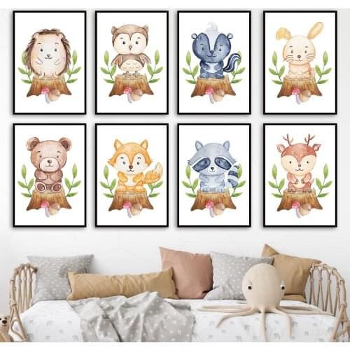 Woodland Animals Bunny Owl Bear Deer Fox Nursery Wall Art Print Canvas Painting Nordic Poster Wall Pictures Baby Kids Room Decor