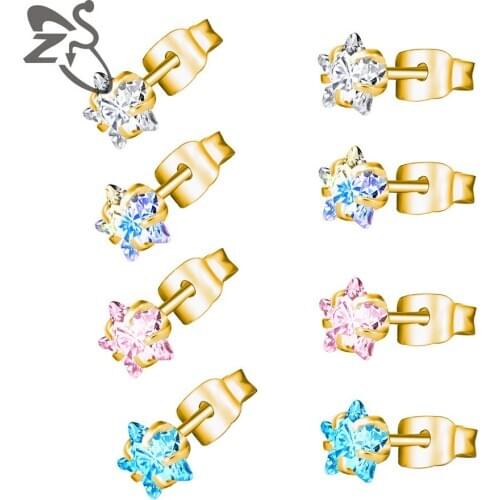 BUDROVKY Hot Selling Zircon Earring Seven Color AAA Zircon Titanium Steel Stud Earrings Titanium Steel Four Claw Ear Stud Multi