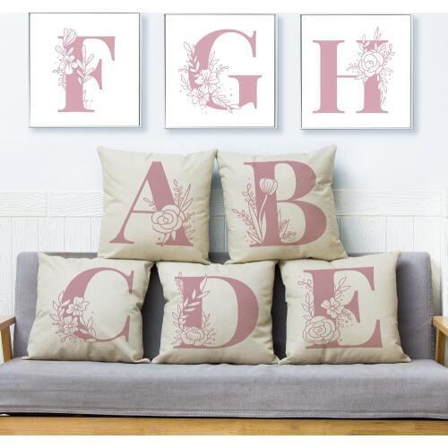 26 Pink Letter Alphabet Floral Print Cushion Cover Beige Linen Pillowcase 45*45 Throw Pillows Covers Sofa Home Decor Pillow Case